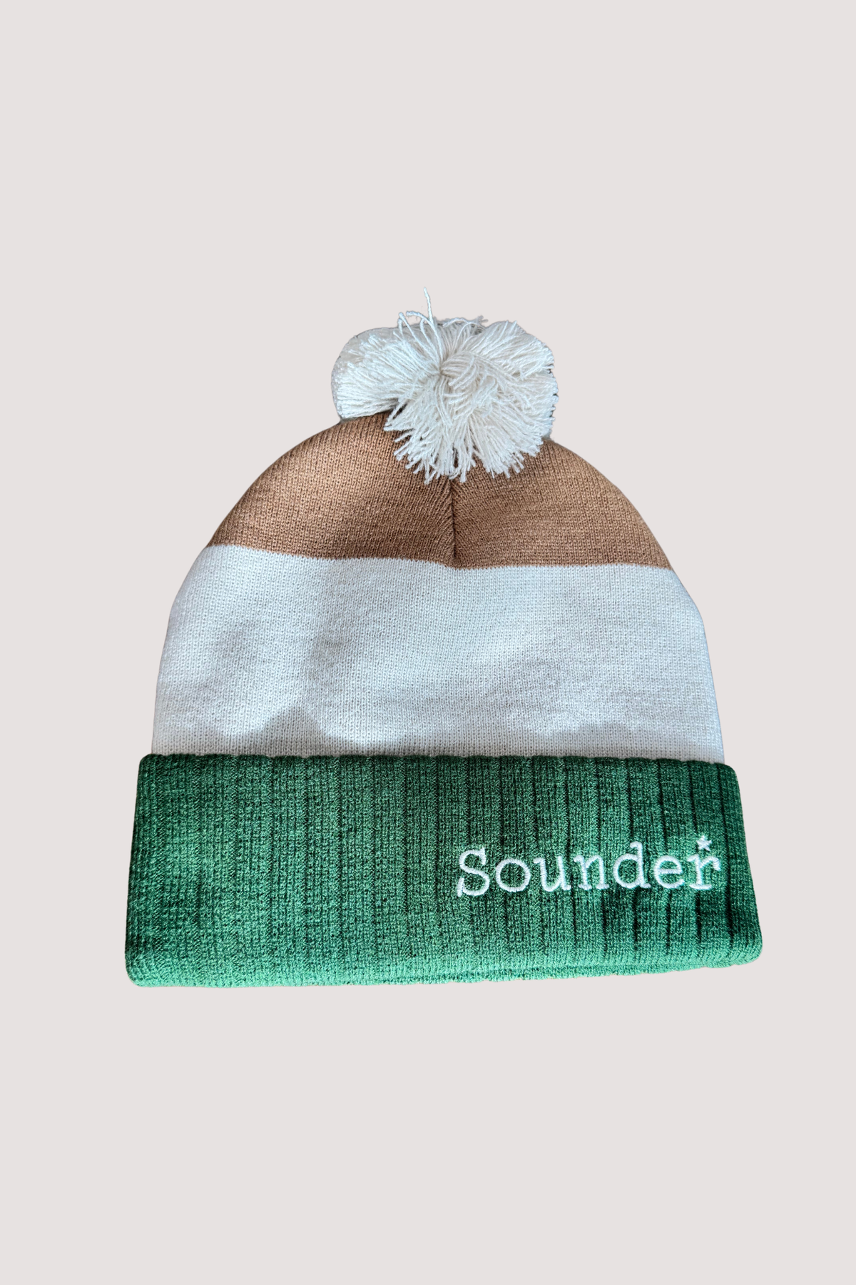Sounder Ribbed Bobble Hat - Green, Sand & Tan