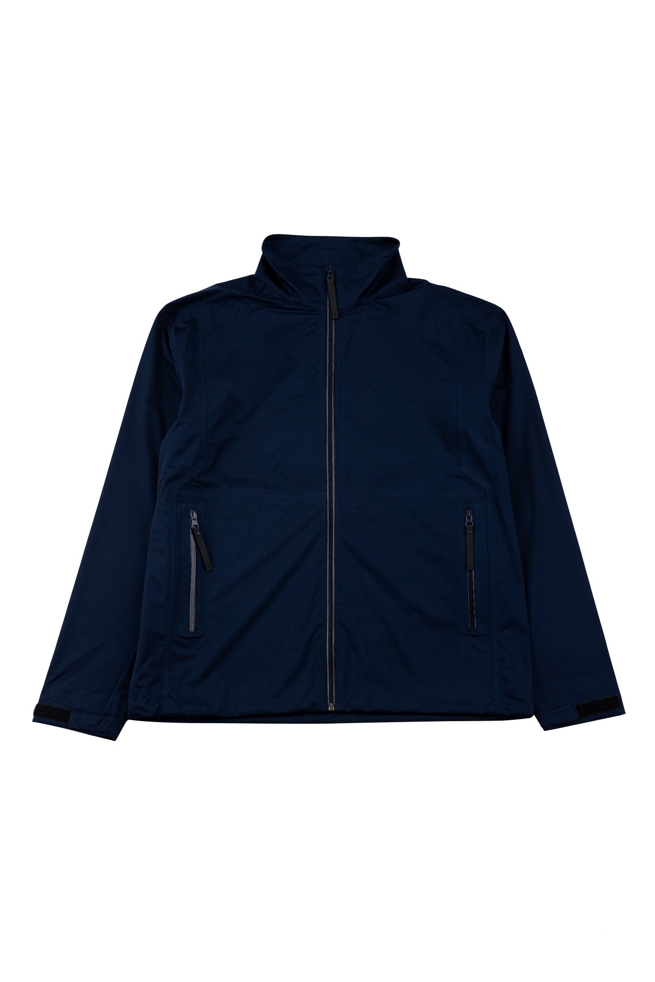 Navy blue jacket with zippers on a white background
