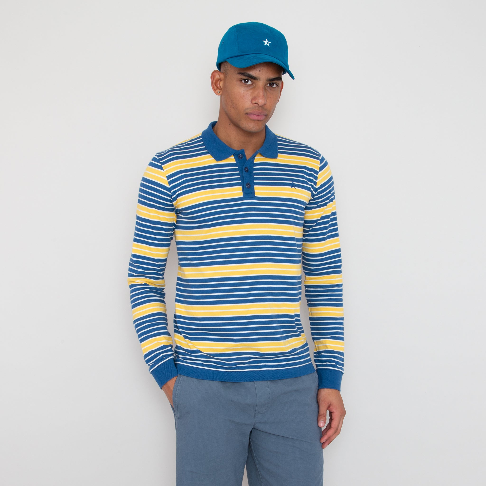Sounder Golf | Sounder Golf | Clothing | Polos | Monterey Long Sleeve Polo - Petrol Blue and Sun Yellow | Polos