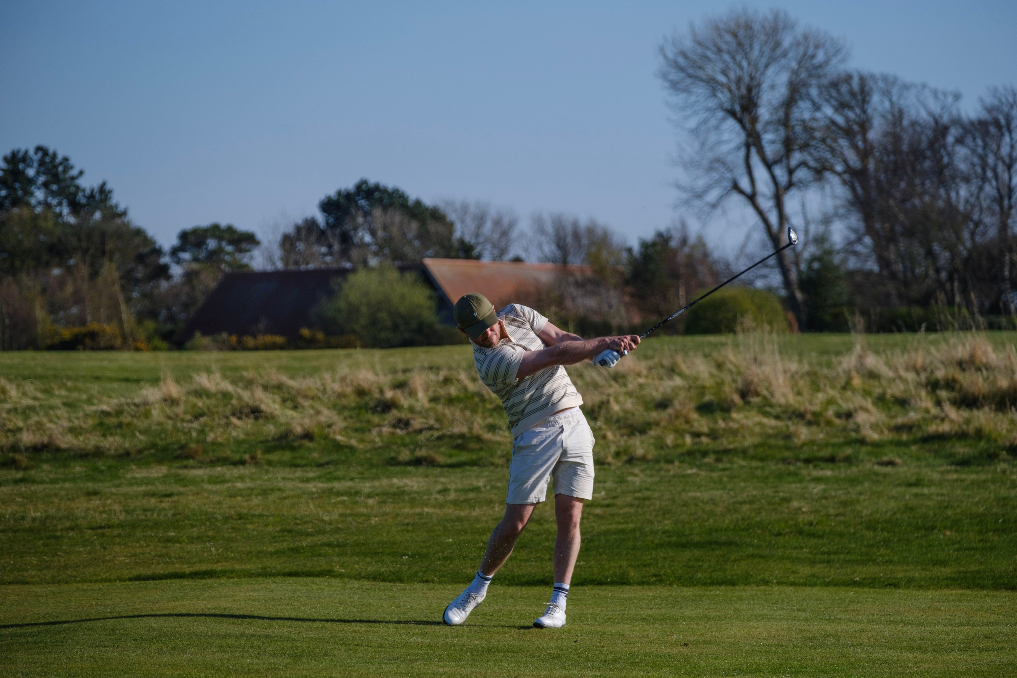 Sounder Golf | Sounder Golf | Clothing | Polos | Play Well Polo - Natural / Dark Green Pinstripe | Polos