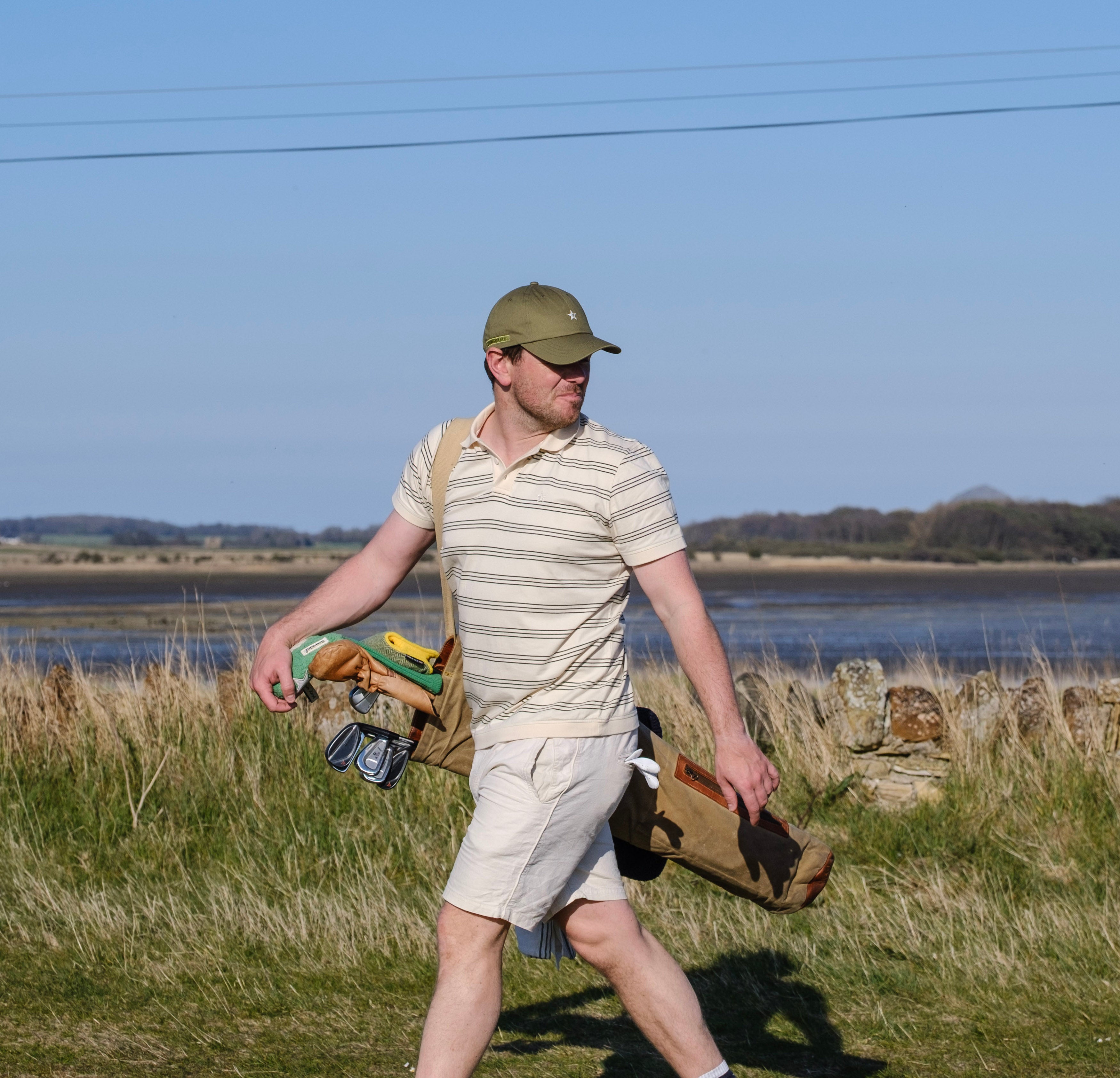 Sounder Golf | Sounder Golf | Clothing | Polos | Play Well Polo - Natural / Dark Green Pinstripe | Polos