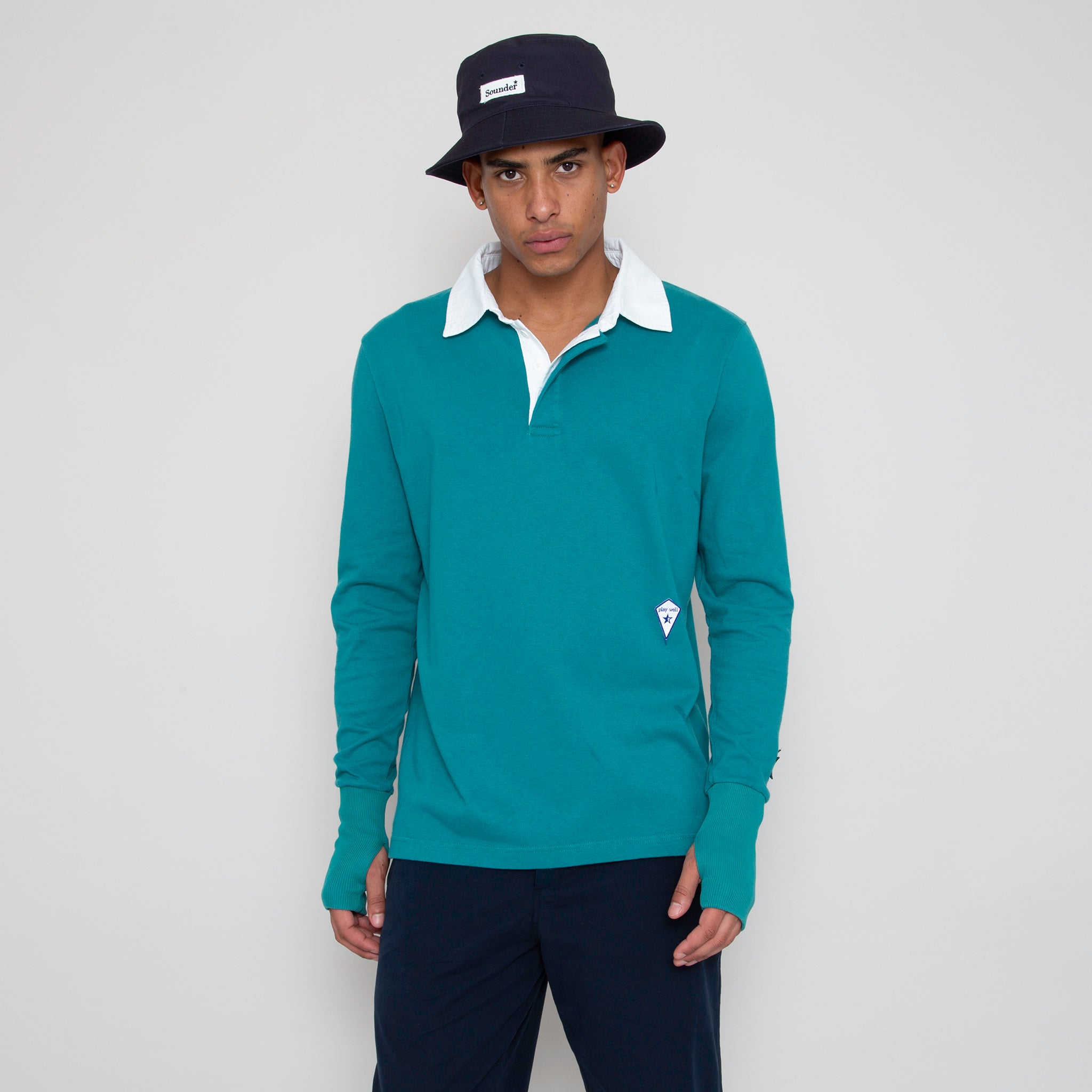 Sounder Golf | Sounder Golf | Sweats | Big Mach Long Sleeve Polo Sweat - Jade and White | Knits & Sweats