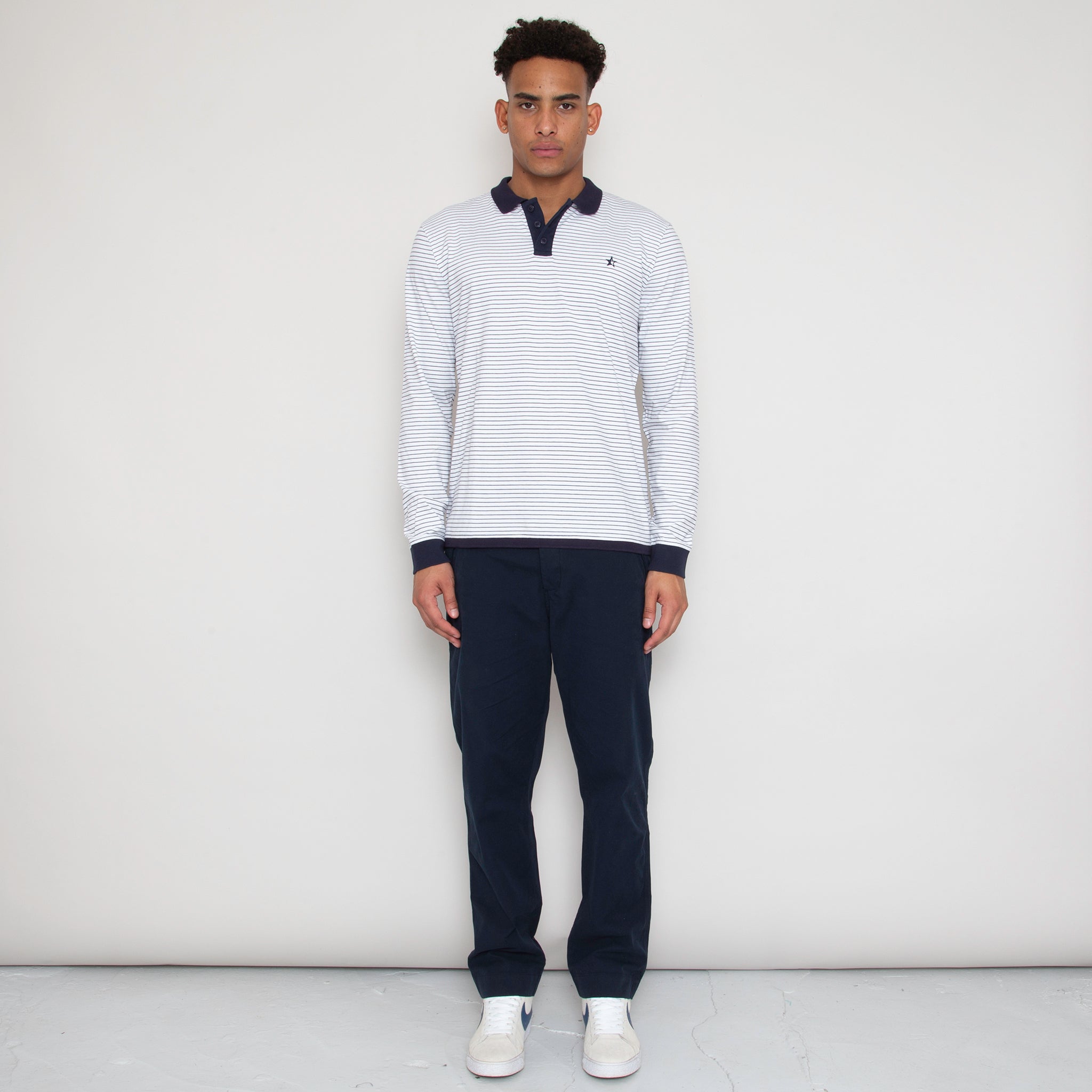 Play Well Polo Long Sleeve -  Deep Navy Pin Stripe / Off White