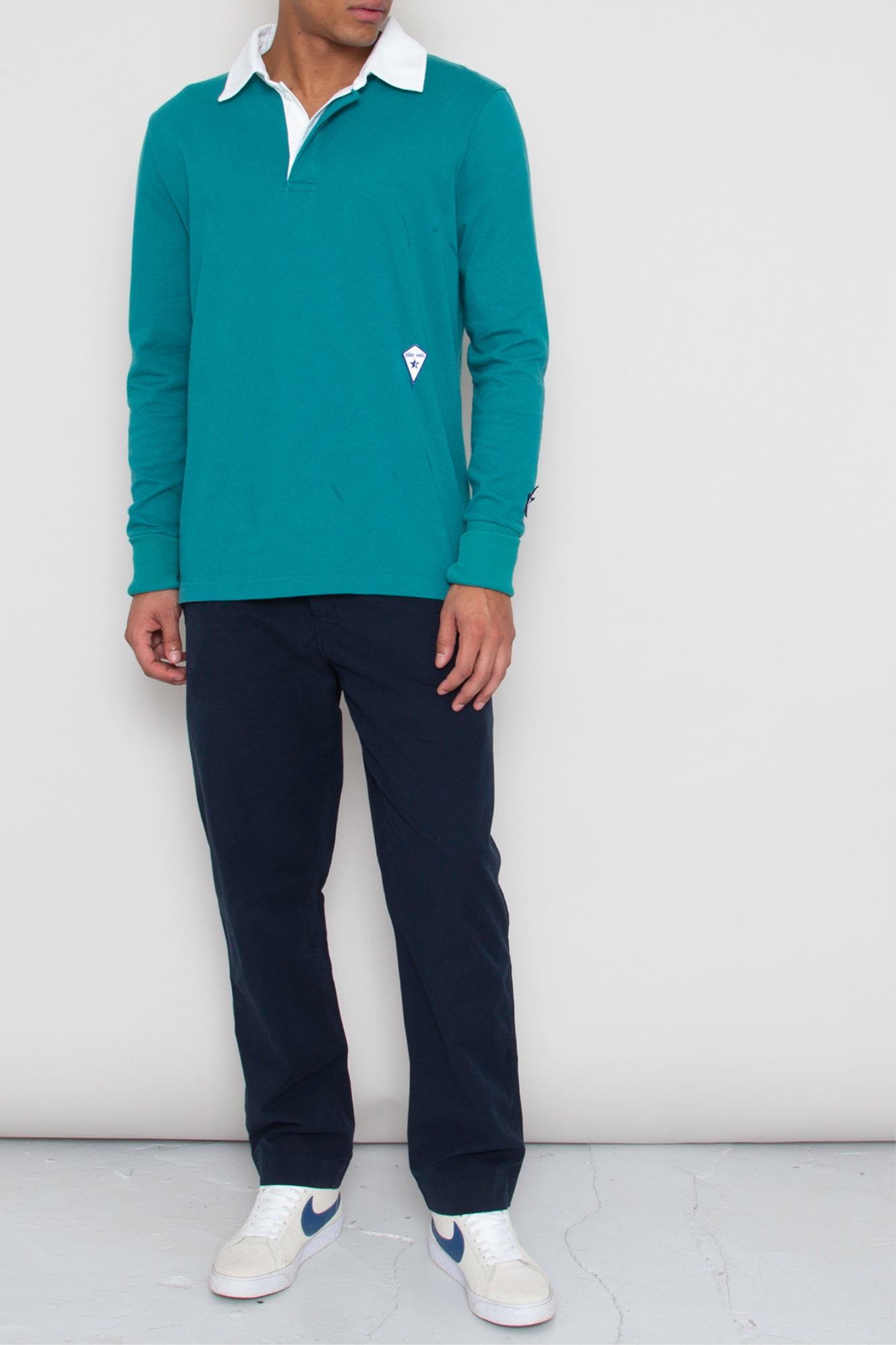 Big Mach Long Sleeve Polo Sweat - Jade and White