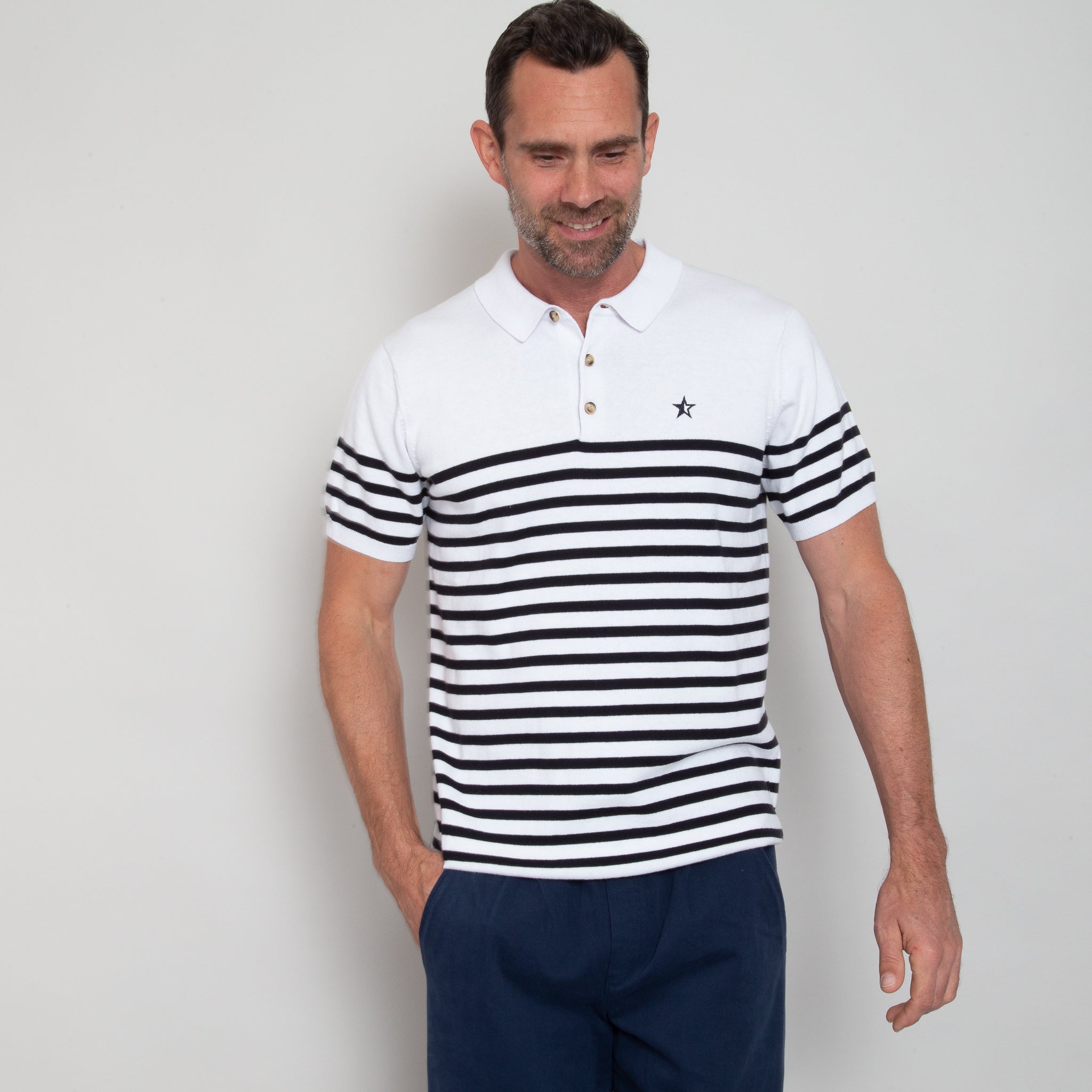 Sounder Golf | Sounder Golf | Polos | Play Well Knitted Polo - Breton White/ Navy | Polos